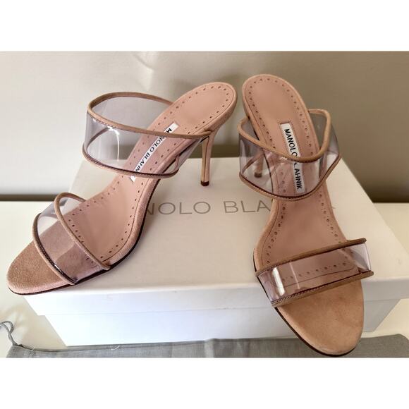 $1369 Manolo Blahnik Heels Sandals Nude Clear ECO PVC Open Toe Suede Sz 37 New - Picture 2 of 5
